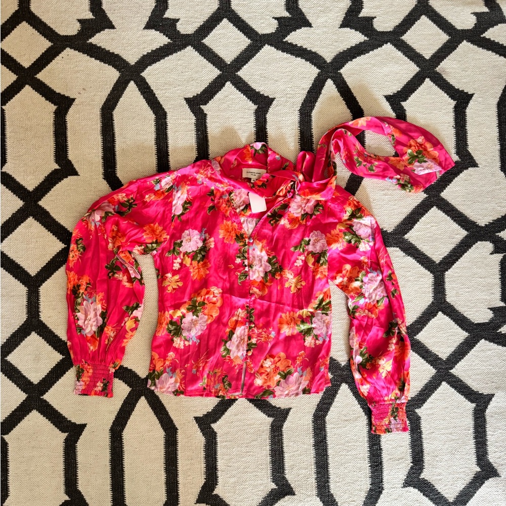Floral Pink Blouse with Scarf